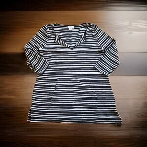 Liz Claiborne Weekend Striped Tunic Top Women’s M Black White 3/4 Sleeve V-Neck